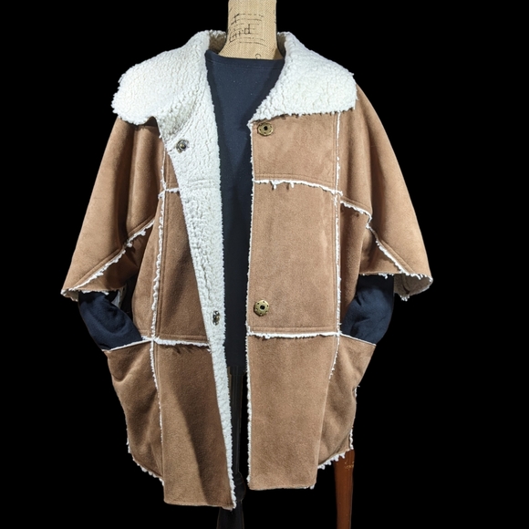 Faux Suede Sherpa Reversible Coat LG Soft Batwing 3/4 Sleeve Pocket Boho Driving - Picture 15 of 16